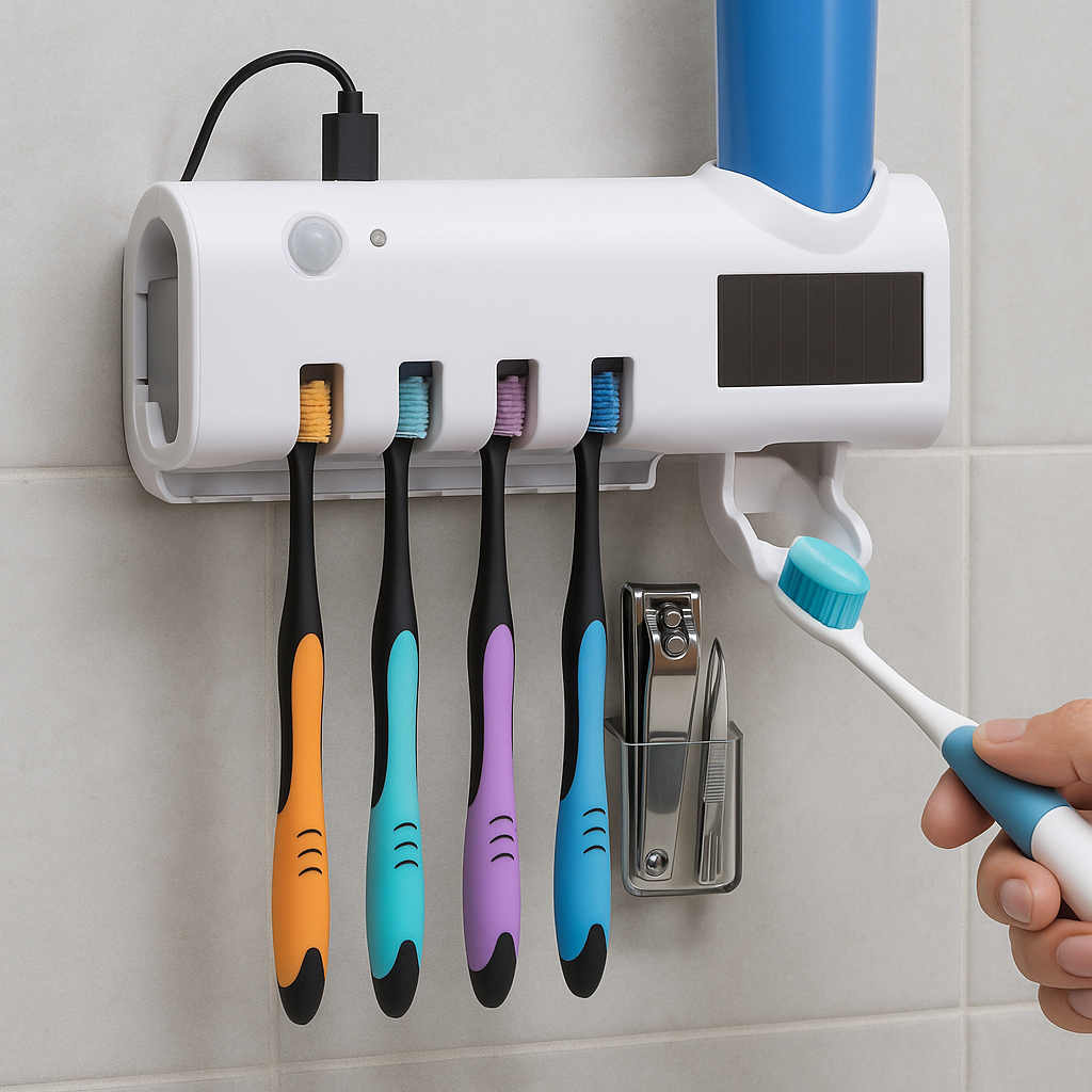 Adiós Al Desorden y a las Bacterias Dispensador Inteligente con Luz UV Para Cepillos 🦷